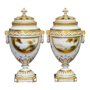 Antique Royal Worcester Neoclassical Matched White and Gilt (Gold) Porcelain Covered Urns W/ Landscaped Panels by Harry Davis, a Pair, England 1912.
