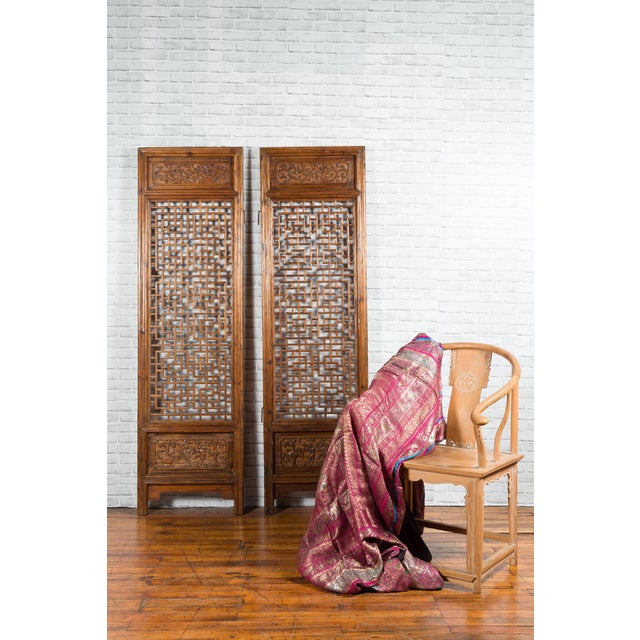 Brown Chinese 19th Century Screens with Fretwork and Low-Relief Carved Panels - A Pair For Sale - Image 8 of 12