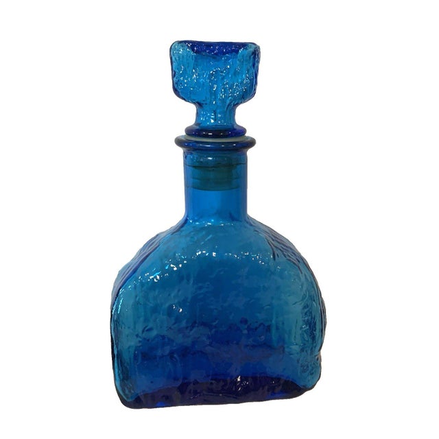 Glass 1960s Empoli Cadmium Blue Art Glass Bottle W/Stopper Textured Italian Decanter For Sale - Image 7 of 8