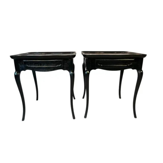 French Black Painted Wooden Side or End Tables, a Pair For Sale In Tampa - Image 6 of 11