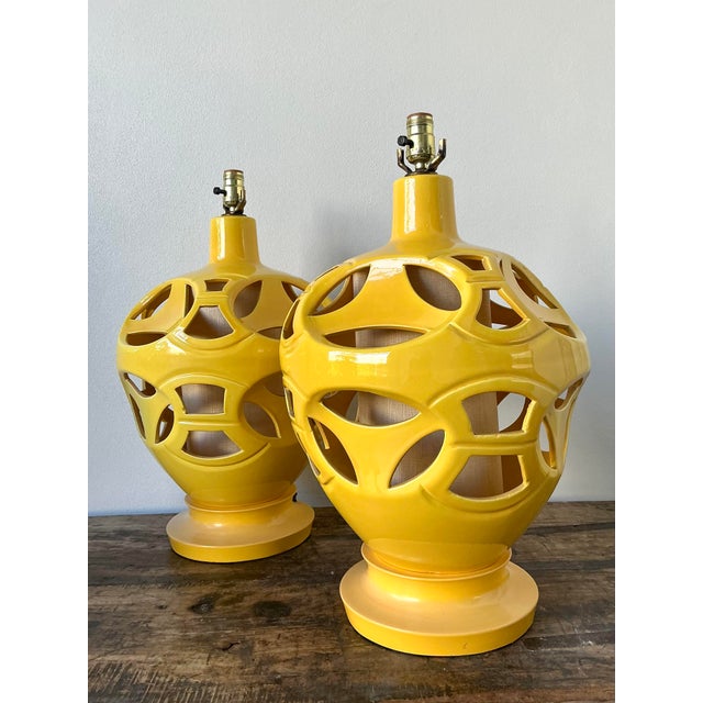 Ceramic Vintage Glazed Ceramic Cutout Lamps - A Pair For Sale - Image 7 of 12
