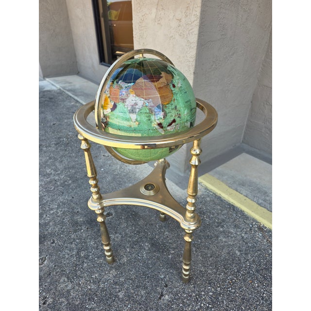 Gemstone Globe on Brass Stand With Compas in Base. For Sale - Image 9 of 14