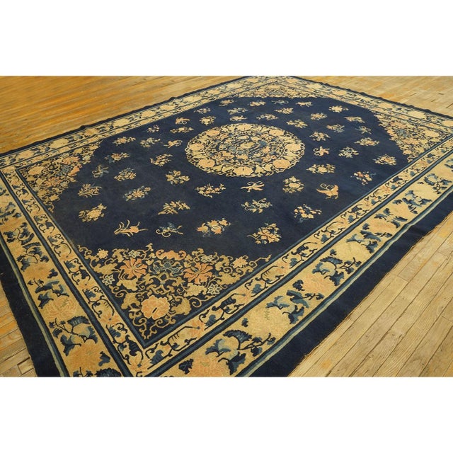 Late 19th Century 1890s Blue Oriental Floral Sprays Medallion Antique Chinese Peking Room Size Rug For Sale - Image 5 of 10