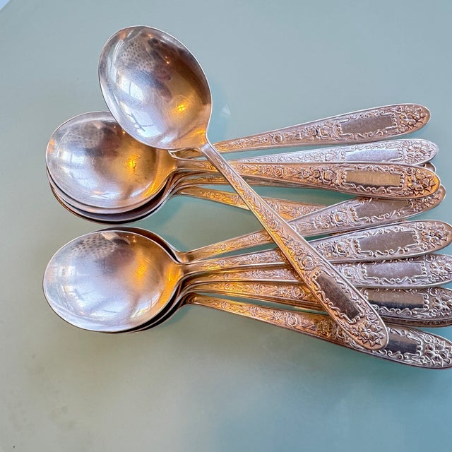 Art Deco 1930s Art Deco Bowl Soup Spoons (Gumbo) Mildred Silverplate, C1936 by National Silver Co 12 Pc Pruistine For Sale - Image 3 of 16