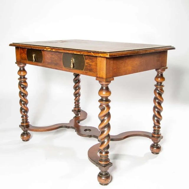 Exquisite Barley Twist side or end table rendered in walnut with an inlay marquetry top by Sligh Furniture, USA