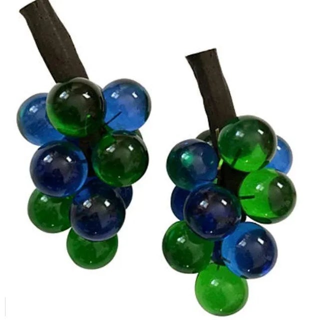 Pair of blue and green lucite grape clusters. Very good condition; wear consistent with age. Measurements per cluster.