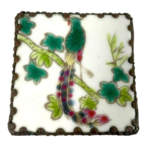 Vintage Chinese Emerald Green Pheonix Trinket Porcelain Shard Paktong Box With Mirror