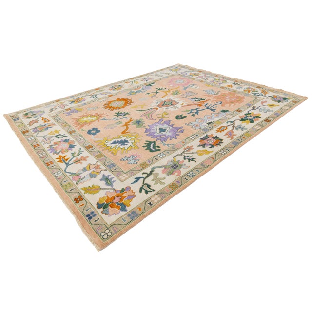 Contemporary Hand-Knotted Oushak Style Wool Rug in Soft Peach, Lavender & Ochre For Sale - Image 12 of 12