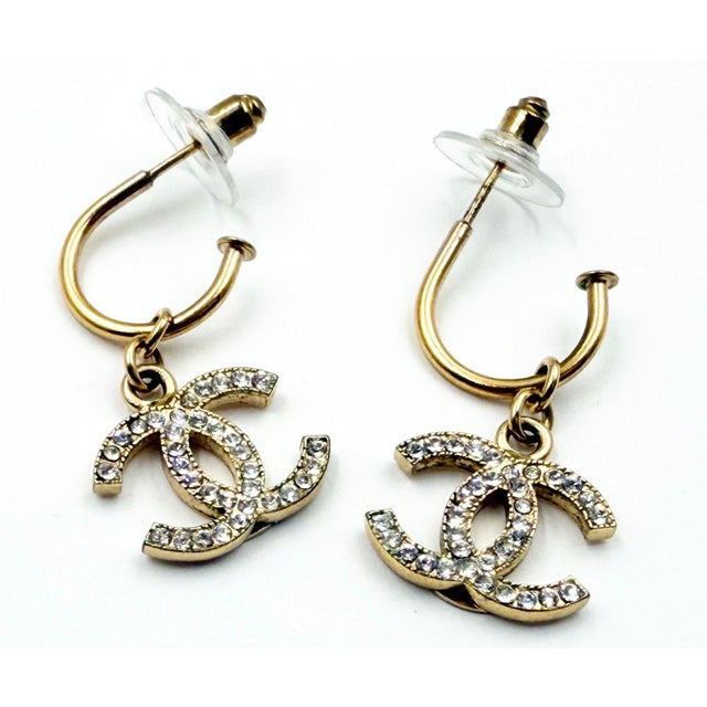 2000 - 2009 Chanel Gold CC Crystal Moscova Hoop Piercing Earrings, A Pair For Sale - Image 5 of 5