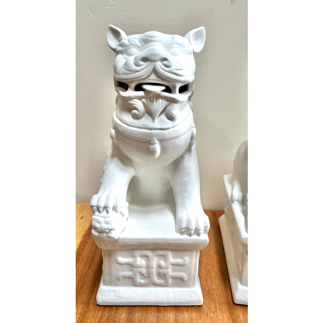 Ceramic Chinoiserie 17” Tall Matt White Finish Ceramic Food Dog Pair For Sale - Image 7 of 10