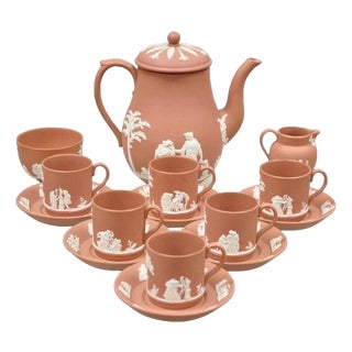 Early 20th Century Wedgwood Terracotta Jasperware Miniature Tea Set Demitasse Cup & Saucer 14 PCS For Sale