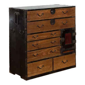 Japanese 19th Century Meiji Period Brown and Black Tansu Clothing Chest