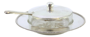 Silver and Glass Butter Dish with Beaded Edges, Pearly Handle and Knife, Set of 2