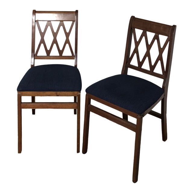 Stakmore Lattice Back Styled Indoor Folding Chairs with Blue Upholstery - a Pair For Sale