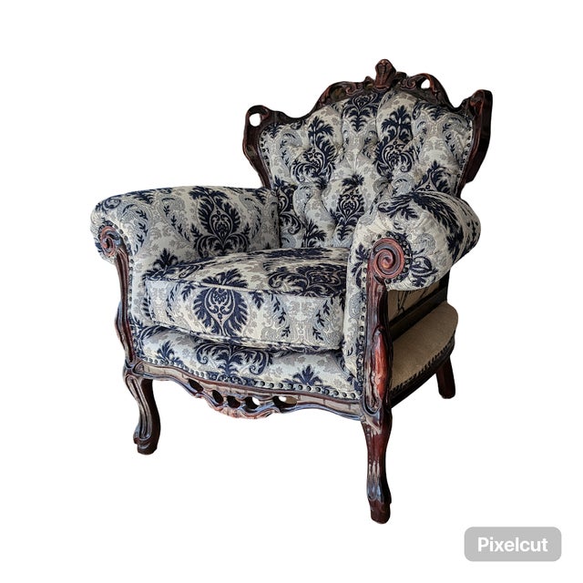 Transitional Vintage Hand Carved Italian Deconstructed Upholstered Armchair For Sale - Image 3 of 8