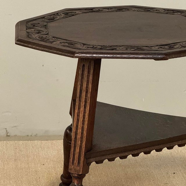 Wood Antique English Nine Sided Carved Oak Spool Leg Occasional Table For Sale - Image 7 of 17