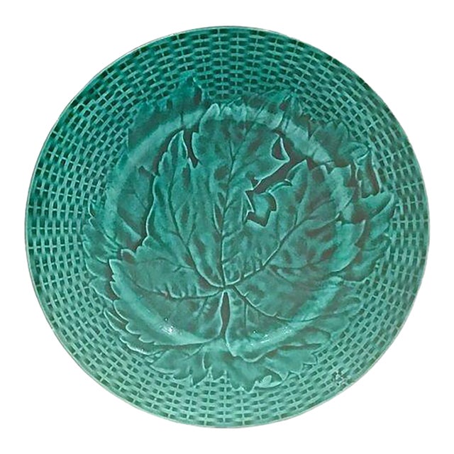 Antique Majolica Basket Weave & Leaf Plate For Sale