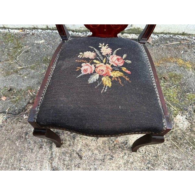 19th Century Antique Victorian Style Mahogany Marquetry Inlaid Needlepoint Side Chair For Sale In Washington DC - Image 6 of 12
