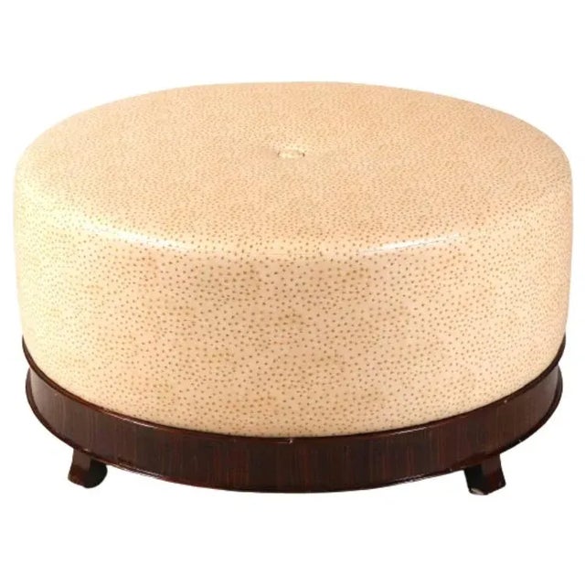 Round Ostrich Ottoman, Center Tuft & Zebrawood Feet For Sale - Image 4 of 4