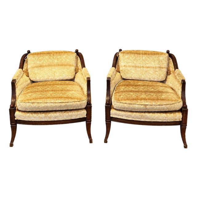 Vintage Hollywood Regency Gold Damask Barrel Lounge Chairs — Pair For Sale