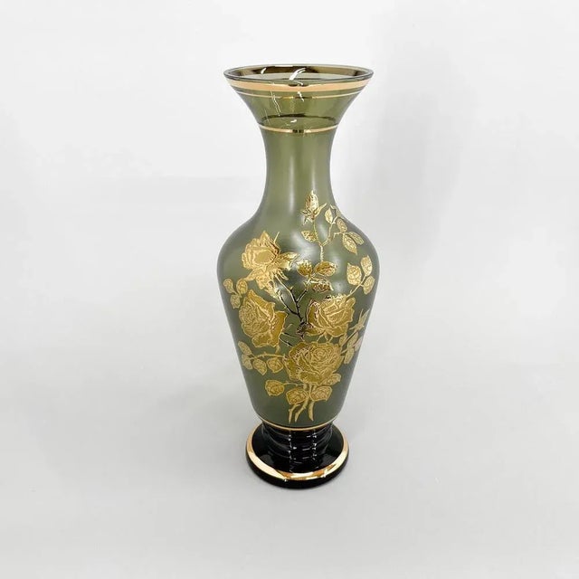 Large Green Glass Vase with Golden Decor, 1960s For Sale - Image 10 of 11