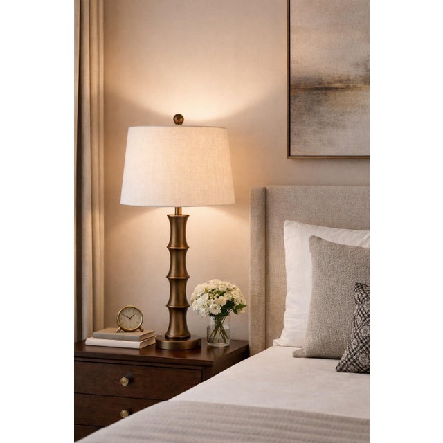 Contemporary Late 20th Century Sculptural Segmented Column Aged Bronze Finish Table Lamps Bamboo Form Influence 32” H (L324) - a Pair For Sale - Image 3 of 8