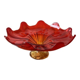 Mid Century Modern Red Amberina Glass Footed Centerpiece Fruit Bowl Ikebana Vase For Sale