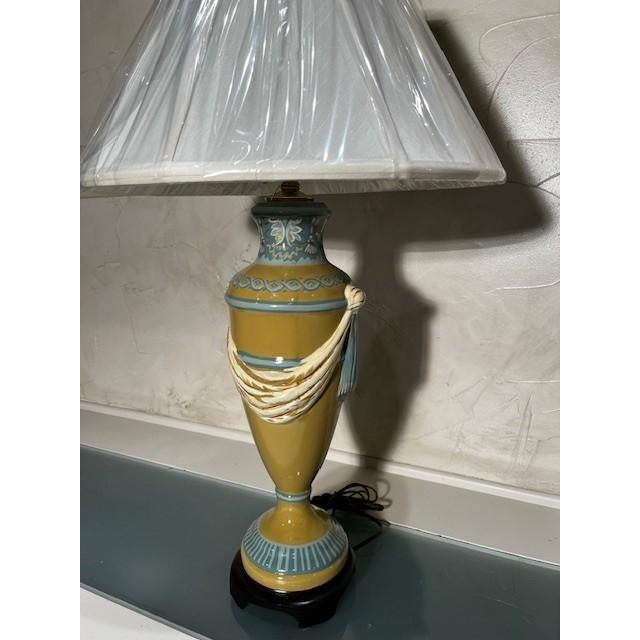 1 Bradburn Hand Painted Porcelain Urn with Swags, Olive, Blue and Cream, Wood Stained Base, Brass Finial, Off White Silk...