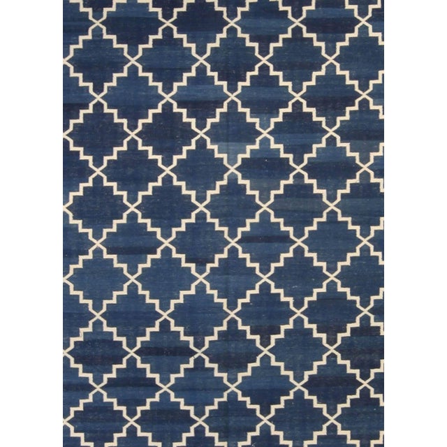 Modern Indian Dhurrie blue, white handmade cotton rug by Doris Leslie Blau Size: 11.10" x 16.6" (360 x 502 cm). The...