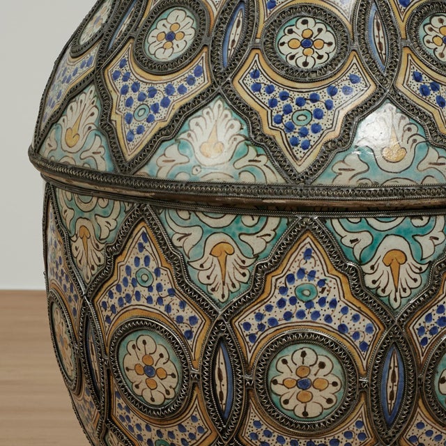 Pair of Vintage Moroccan Terra Cotta and Metal Lidded Urns For Sale - Image 11 of 16