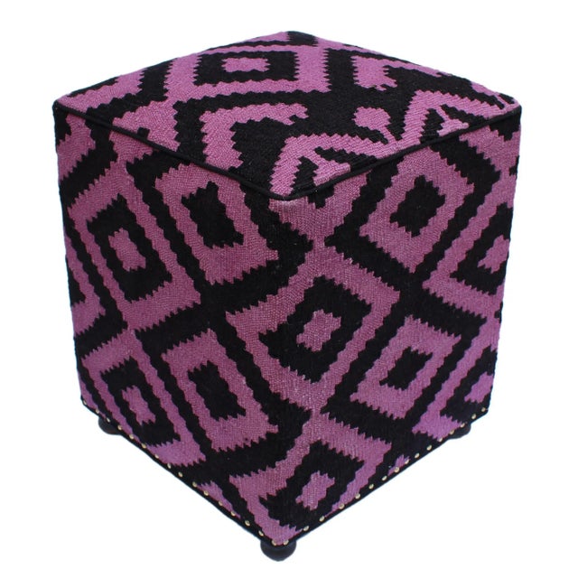 Wood Shabby Chic Black & Purple Handmade Kilim Upholstered Ottoman For Sale - Image 7 of 7