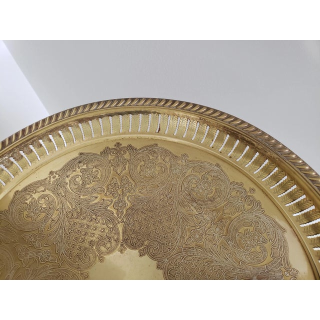 1970s Vintage Brass Pedestal Side Table With Florentine Engraving and