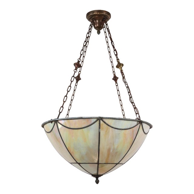 Mid 20th Century Arts & Crafts Iridescent Slag Glass Bowl Pendant Light For Sale
