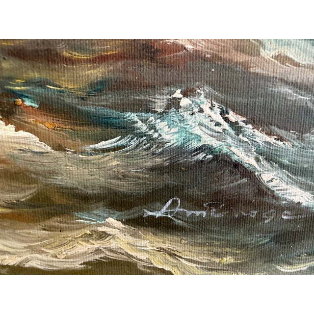 Impressionist Signed Oil Painting on Canvas Sailing Ship Rough Sea Maritime Seascape Framed For Sale - Image 3 of 11