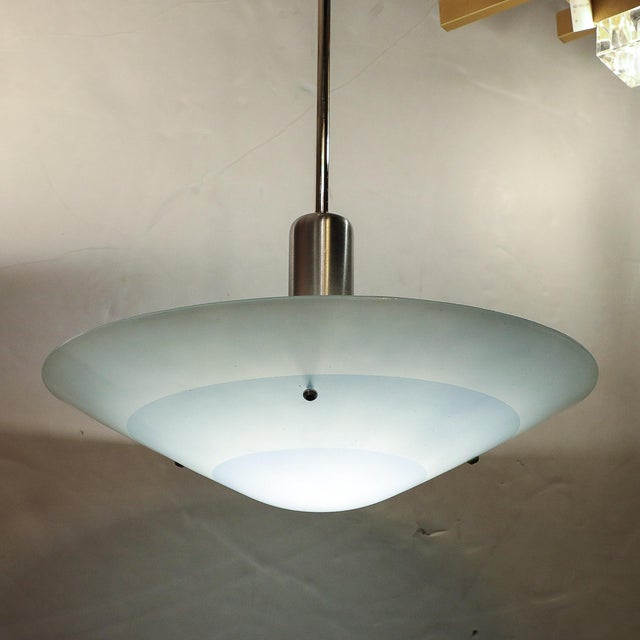 1940s Art Deco Machine Age Sky Blue Glass Pendant Chandelier For Sale - Image 5 of 10