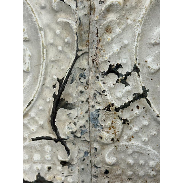 Distressed White Embossed Tin Architectural Wall Panel, Vintage For Sale - Image 9 of 12