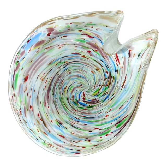Murano Vintage Rainbow Colors Swirl With Copper Aventurine Italian Art Glass Decorative Bowl For Sale