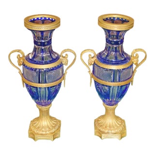 Pair of Late 19th Century Neoclassical Russian Bronze & Cut Cobalt Glass Vases For Sale