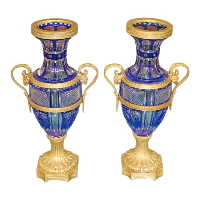 Pair of Late 19th Century Neoclassical Russian Bronze & Cut Cobalt Glass Vases For Sale