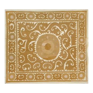 Handcrafted Suzani Tablecover – Neutral Tan Beige Textile 4'2'' X 4'7'' For Sale