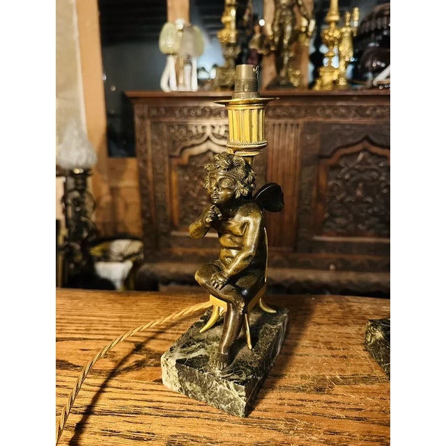 C1820 French Regency Gilt & Patinated Bronze Cherub Candlesticks Now Table Lamps - Auction Prov. A - Pair For Sale In Miami - Image 6 of 11