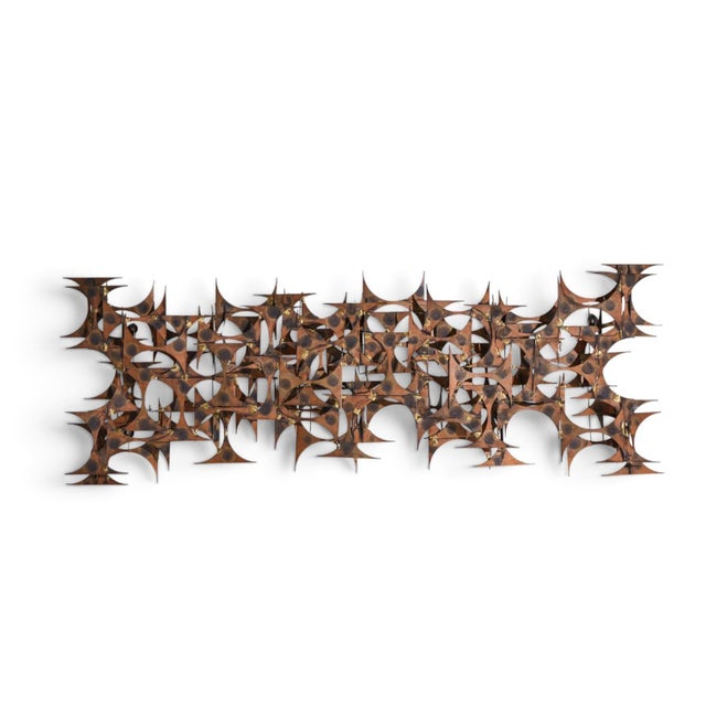 Marc Creates Mid Century Brutalist Metal Wall Sculpture This sculpture measures: 47.75 wide x 4.75 deep x 16.5 inches high...