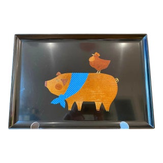 Late 20th Century Couroc of Monterey Serving/Bar Tray, Charming Pig & Chicken For Sale