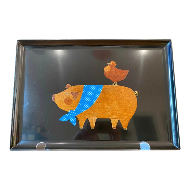 Late 20th Century Couroc of Monterey Serving/Bar Tray, Charming Pig & Chicken For Sale