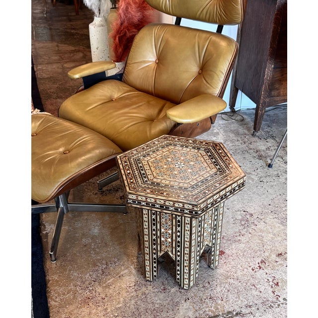 Vintage Marquetry Wood Inlay With Mother-of-Pearl Hexagonal Side Table For Sale - Image 4 of 8