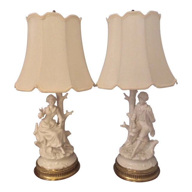 1980s Blanc De Chine Chinoiserie Style Figure Lamps With Designer Shades - a Pair For Sale