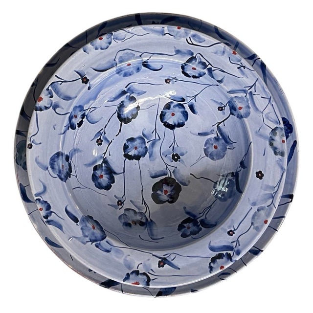 Vintage Moroccan Safi Hand-Painted Periwinkle Blue Ceramic Presentation Set – 16.5" Platter & Footed Bowl For Sale In West Palm - Image 6 of 12