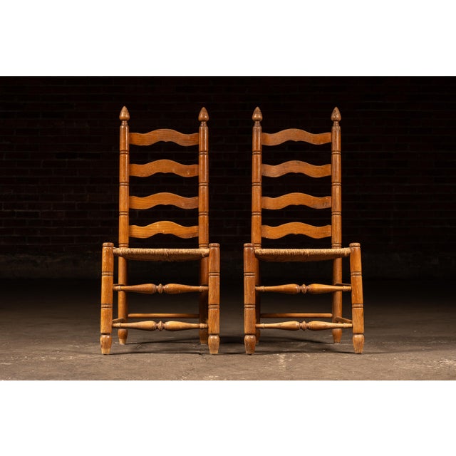 American Pair of Mid 20th Century American Ladderback Rush Seat Dining Chairs For Sale - Image 3 of 7
