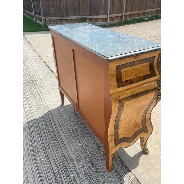 Antique Italian Burlwood Bombe Commode Ormolu Green Marble For Sale - Image 10 of 11