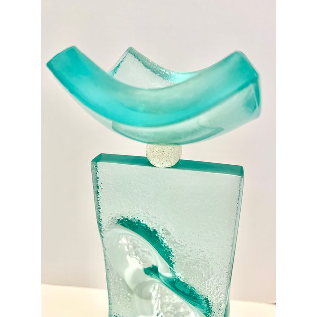 Pair Of Aqua Teal Studio Art Glass Sculptures Totems Lucite Bases 15.5” Abstract Modern Elevate a console, credenza, or...